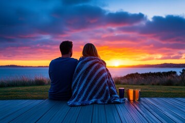 A couple enjoying a quiet evening on their porch, wrapped in blankets and watching the sunset together