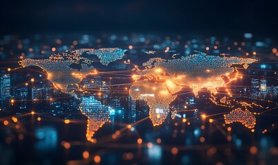 Poster - World Map of Interconnected Glowing Lines and Digital Data Streams