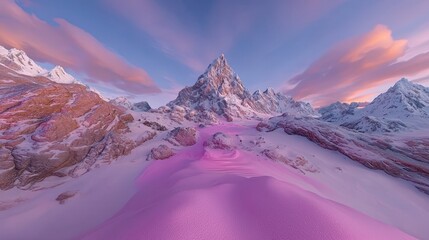 Sticker - Pink Mountain Sunset   Surreal Landscape with Snow Covered Peaks and Clouds