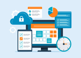 Poster - Flat vector illustration design Business planning concept. online calendar connected with cloud server technology
