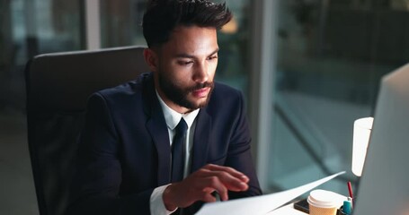 Paperwork, computer and business man review research on deadline at night in office. Document, desktop and worker check information with financial consultant for profit report or investment planning