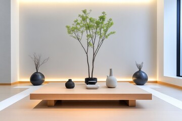 A minimalist living room with neutral colors, a simple coffee table, and a few well-placed decorative objects