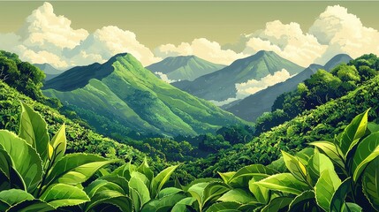 Sticker - Lush Green Mountains with Clouds and Forest