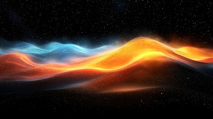 Wall Mural - Abstract Blue and Orange Waves with Sparkles on Black Background