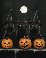 Collection of vintage background Halloween Cat art posters