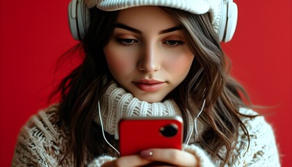 Wall Mural - Chic young woman in a sweater and white hat immersed in smartphone, exuding relaxed modern lifestyle against vibrant red backdrop