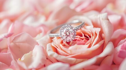 Wall Mural - diamond ring on a pink rose