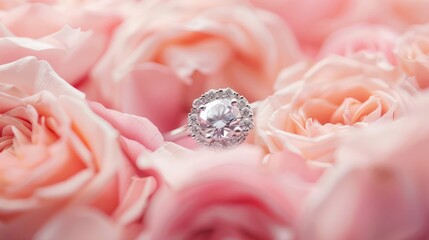 Wall Mural - engagement ring on rose petals