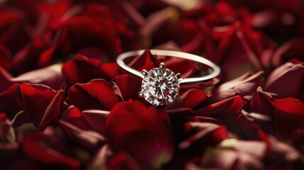 Wall Mural - a luxurious wedding ring with a solitaire diamond, placed on a bed of red rose petals with a subtle 