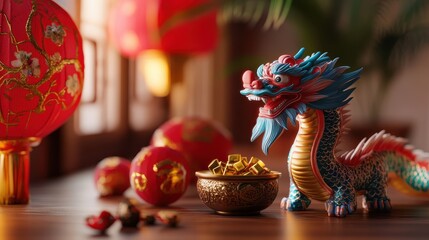 Vibrant Chinese New Year Celebration with Dragon Figurine