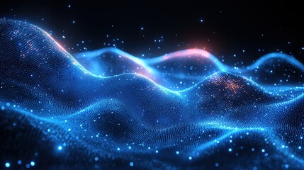 Abstract Blue and Orange Digital Landscape with Glowing Particles