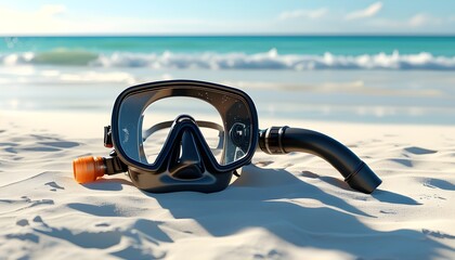 Serene beach scene featuring a solitary scuba mask and snorkel on fine white sand with clear blue ocean waves in the background