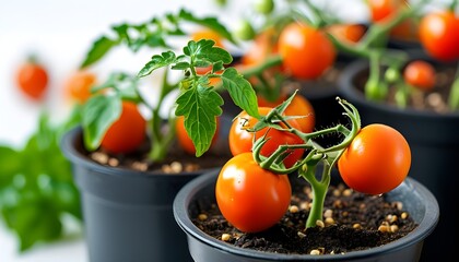 Wall Mural - Vibrant tomato seedlings alongside ripe tomatoes on a clean white backdrop