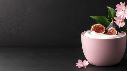 Wall Mural - Pink Bowl with Yogurt  Figs  and Flowers on Black Background