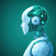 robot head with digital circuitry, green background
