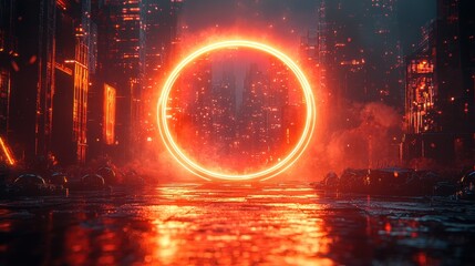 Poster - Cyberpunk Cityscape with Glowing Ring