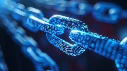 Close-up of a digital chain made of binary code, representing secure data connection and network security.