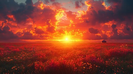 Canvas Print - Dramatic Sunset Over Field of Flowers with Single Cabin