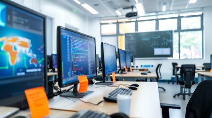 Modern classroom with high tech computers and programming screens, showcasing collaborative learning environment. bright space is designed for tech education and innovation