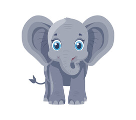 a charming cartoon baby elephant with big blue eyes and large floppy ears, standing with a friendly 