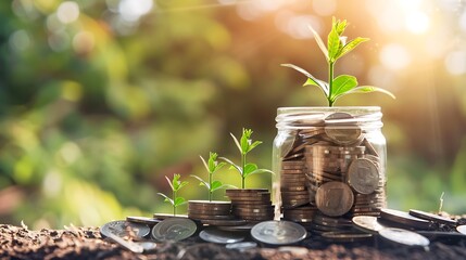 Close-up of a plant growing from a jar of coins, symbolizing financial growth and prosperity. The background is a soft, green blur, creating a sense of hope and optimism.