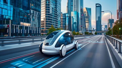 Wall Mural - Futuristic, autonomous car drives down a city street, showcasing the potential of advanced technology in transportation.