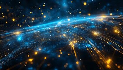 Poster - Complex Web of Global Connections Forming Abstract World Map with Glowing Nodes