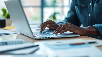 Wall Mural - Close-Up of Manager Typing on Laptop with Digital Tools in Modern Office