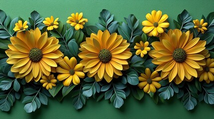 Poster - Yellow Flowers and Green Leaves on Green Background