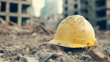 A yellow safety helmet lies partially buried in rubble at a busy industrial worksite during the day