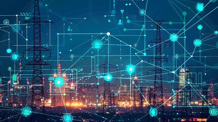 Wall Mural - futuristic illustration showing a city skyline with a digital overlay of a connected power grid netw