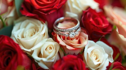 Wall Mural - wedding rings on a bouquet of red and white roses