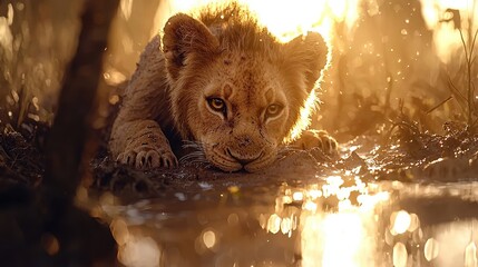 Wall Mural - Lion Cub Drinking Water in Golden Sunlight