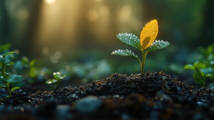 A young plant sprouting from soil, glistening with dew.