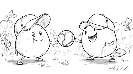 Two Playful Cartoon Apples Playing Baseball