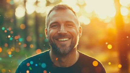 a cheerful man is smiling while surrounded by vibrant bursts of light in a tranquil forest at sunset