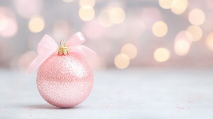 A soft pink Christmas bauble adorned with an elegant bow sparkles against a blurred festive backdrop, enhancing holiday cheer and decoration