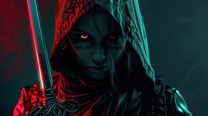 Cyberpunk style mysterious hooded warrior woman with dagger cybernetic background AI generated image