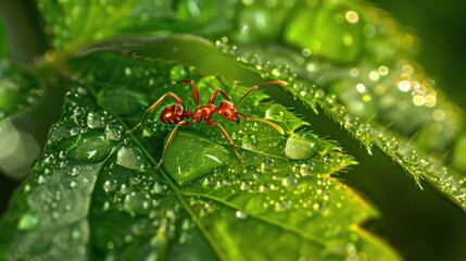 Wall Mural - Ant on a Dew-Covered Leaf