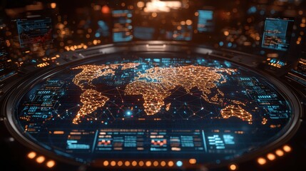 Canvas Print - Futuristic Digital World Map Interface with Network Connections