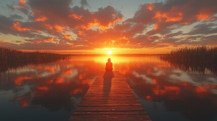 Poster - Silhouette of a Person Sitting on a Wooden Dock During a Sunset Over a Lake