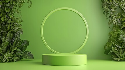 Wall Mural - Green Circle Product Display Stand with Tropical Plants