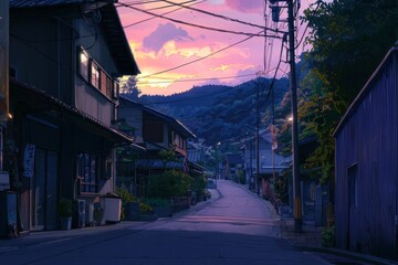 Wall Mural - A Road Through A Quaint Village With The Sunset Casting Warm, Golden Light On The Charming Houses And Streets. Cozy Vibe, Generative AI