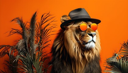 Stylish wild lion sporting hat and sunglasses against vibrant orange backdrop, perfect for exotic safari travel theme with ample copy space