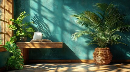 Canvas Print - Green Wall with Palm Plant  Book and Sunlight