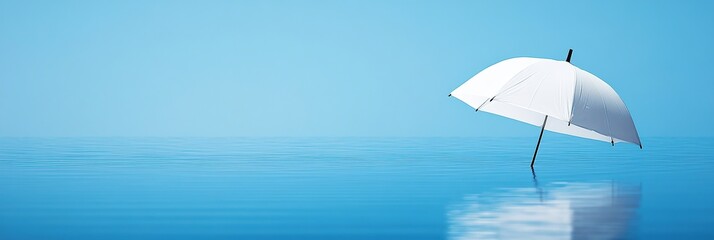 Photo of A white umbrella standing on water against blue background