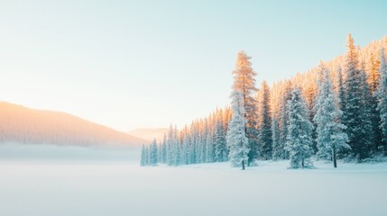 Dawn breaks with soft light illuminating a snowy landscape, creating a tranquil atmosphere with frost-covered trees