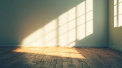 Wall Mural - A bright and minimalistic room with sunlight creating long shadows on warm wooden floors, enhancing the serene atmosphere