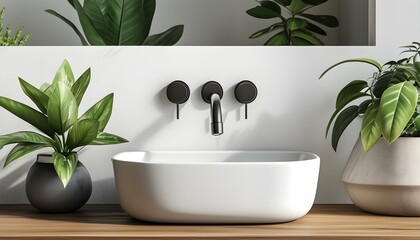 Scandinavian Interior Featuring Modern White Washbasin, Sleek Faucet, and Lush Houseplants