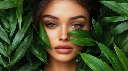 Poster - Beautiful Woman with Green Leaves   Natural Beauty Portrait